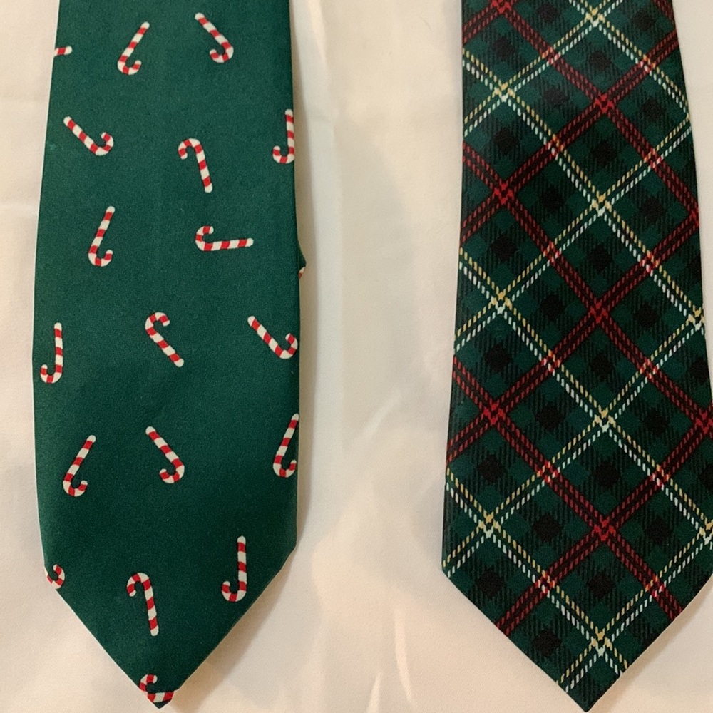 Boys Christmas clip on ties. One is candy canes one is plaid holiday colors 17in